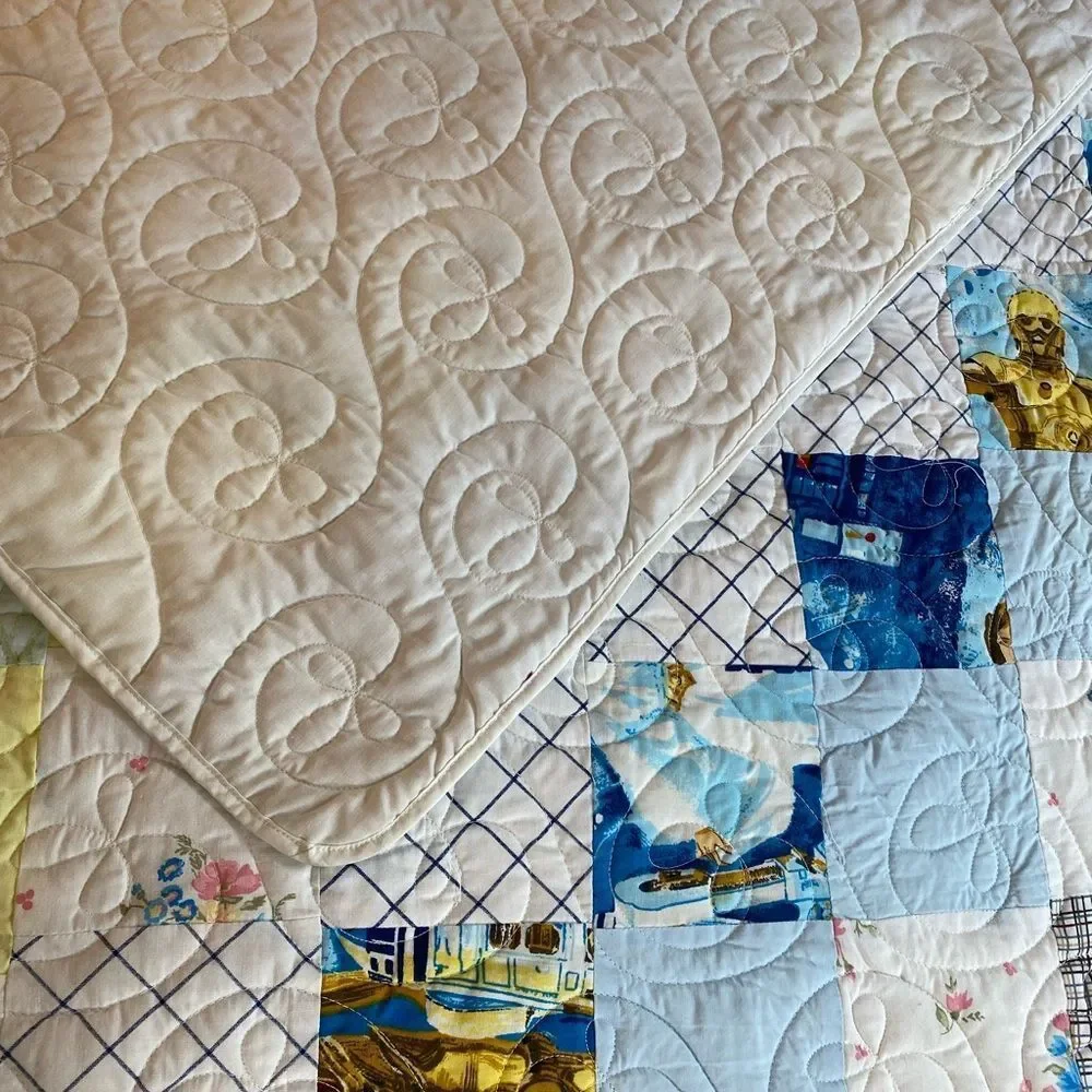 Handmade patchwork quilt with Starwars , gingham, floral , butterflies Queen